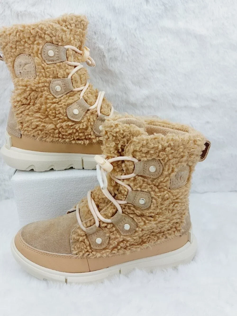 Sorel Explorer Cozy Youth Girl's Tan Canoe Chalk Lace-Up Winter Boots Size US 2